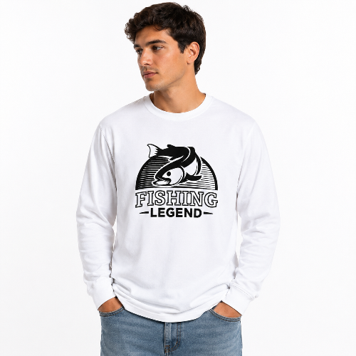 A man wearing a white long-sleeve crewneck t-shirt with a black graphic of a fish and the text 'FISHING LEGEND' on the front, paired with blue jeans, against a plain white background.