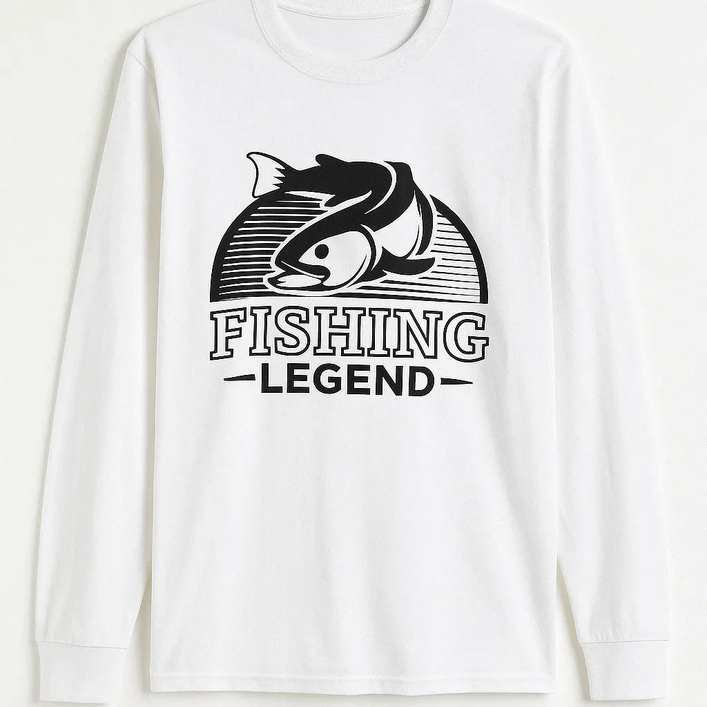 White long sleeve graphic shirt featuring a fish illustration with the text “Fishing Legend,” fishing themed graphic shirt on white background