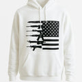 White graphic hoodie with distressed black American flag design, unisex pullover sweatshirt for casual streetwear, patriotic fashion, cozy everyday wear, winter layering, and modern graphic apparel