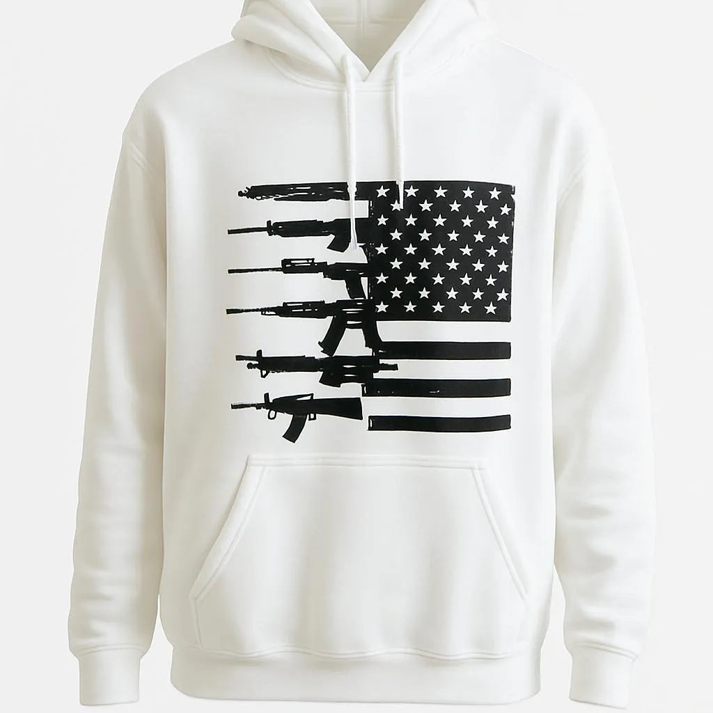 White graphic hoodie with distressed black American flag design, unisex pullover sweatshirt for casual streetwear, patriotic fashion, cozy everyday wear, winter layering, and modern graphic apparel