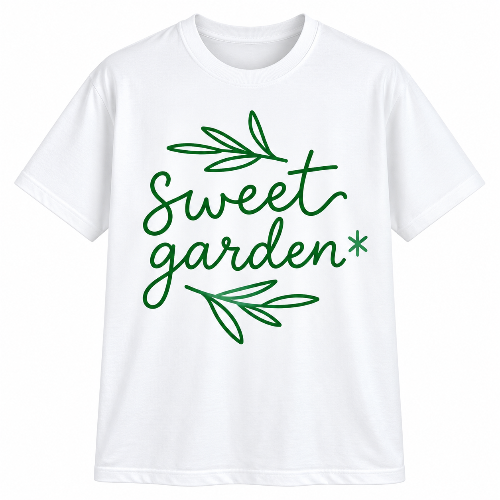 A white short-sleeve crewneck t-shirt featuring the words 'sweet garden*' printed in green cursive script, accented with green leaf illustrations, shown against a plain white background.