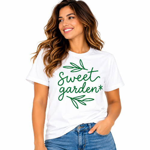 A woman wearing a white short-sleeve t-shirt with a green 'Sweet garden' text graphic, paired with blue jeans, against a plain white background.