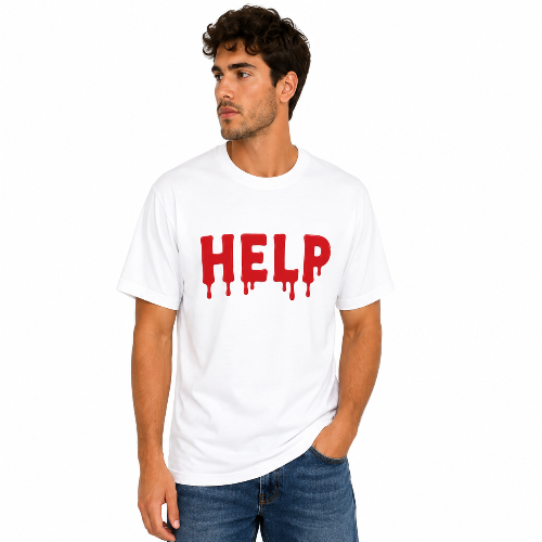White HELP graphic T-shirt with bold red drip lettering on the front.