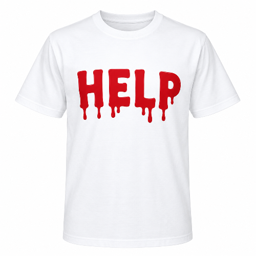 White HELP graphic T-shirt with bold red drip lettering on the front.