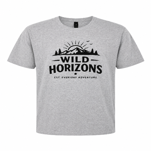 Heather gray unisex short sleeve t-shirt featuring a black Wild Horizons mountain adventure graphic with evergreen trees, sunrise, and outdoor typography on the front.