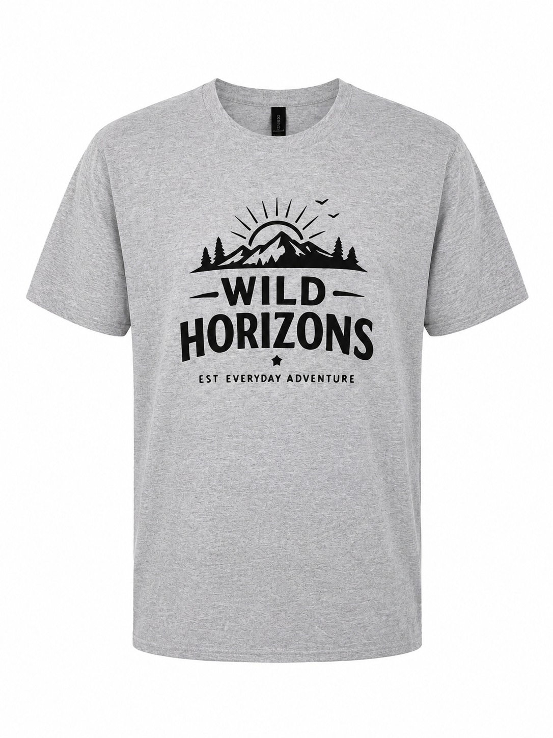 Heather gray unisex short sleeve t-shirt featuring a black Wild Horizons mountain adventure graphic with evergreen trees, sunrise, and outdoor typography on the front.