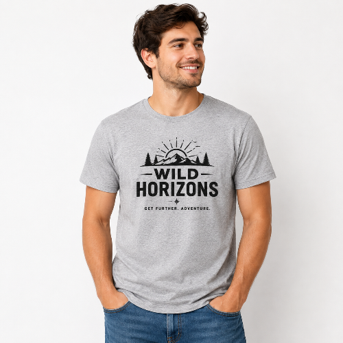 Heather gray unisex short sleeve t-shirt featuring a black Wild Horizons mountain adventure graphic with evergreen trees, sunrise, and outdoor typography on the front.