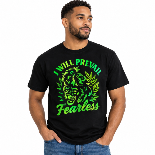 A man wearing a black short-sleeve graphic t-shirt with a green lion and cannabis leaf design and the text 'I WILL PREVAIL Fearless' on the front, paired with blue jeans against a plain white background.