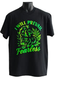 Black graphic t-shirt featuring the phrase "Will Prevail Fearless" in bold green typography and artwork, inspirational unisex statement tee for confidence and everyday wear.