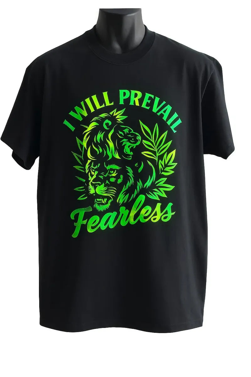 Black graphic t-shirt featuring the phrase "Will Prevail Fearless" in bold green typography and artwork, inspirational unisex statement tee for confidence and everyday wear.