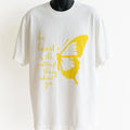 White t-shirt with yellow butterfly and text on a white background