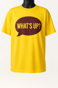 Bright yellow graphic t-shirt featuring a bold “What’s Up?” speech bubble design, casual unisex short sleeve tee for everyday wear.