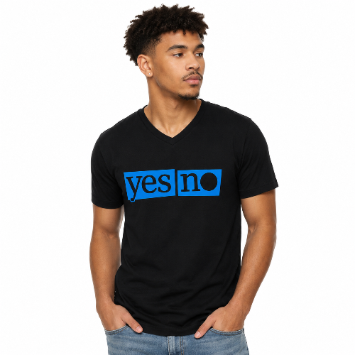 A man wearing a black v-neck t-shirt with a blue graphic print that reads 'yes no' in black lowercase letters, paired with blue jeans, against a plain white background.