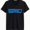 Black graphic t-shirt featuring a bold blue "Yes No" typography design. Minimalist statement shirt perfect for casual wear, streetwear fashion, modern graphic tee lovers, trendsetters, and everyday style.