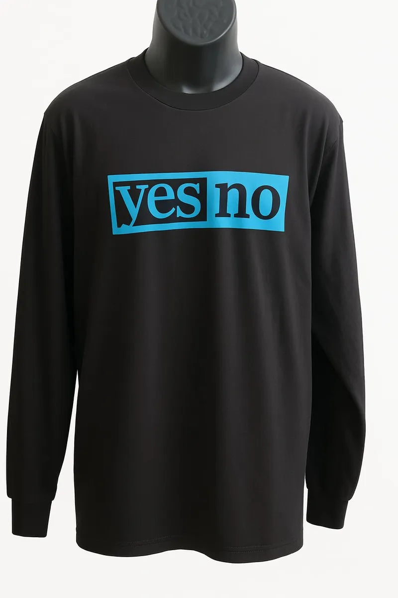 Black long sleeve shirt featuring a bold blue "Yes No" graphic design. Modern unisex apparel perfect for casual streetwear, minimalist fashion, and everyday comfort.