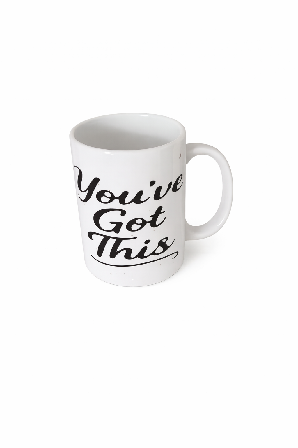 White ceramic coffee mug with black “You’ve Got This” motivational quote printed on front, modern minimalist design, inspirational gift mug for women, office desk coffee cup