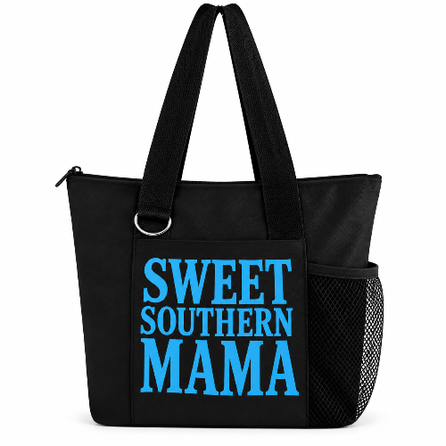 Black Sweet Southern Mama tote bag with bright blue words, zipper, long straps, and side mesh pocket